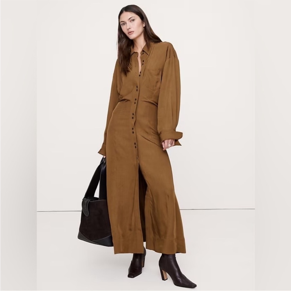NEW! Banana Republic Saddle Brown Drapey Twill Shirt Dress - Size 12 Petite ✈️